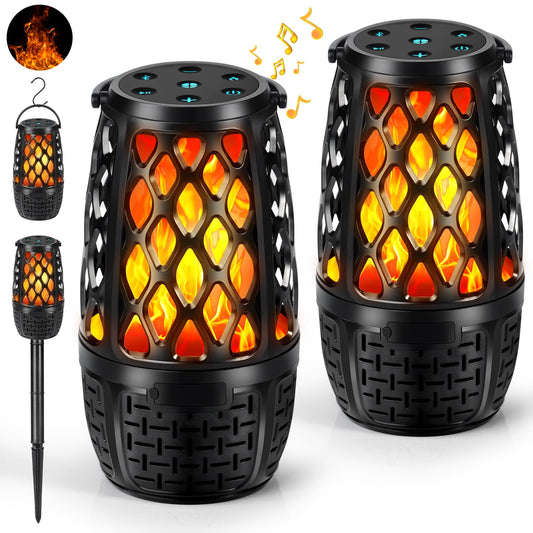 Plomixius Outdoor Speakers Colorful LED Flame Waterproof Bluetooth 5.3 Stereo Sound Wireless with Stake Hook for Patio/Yard/Porch
